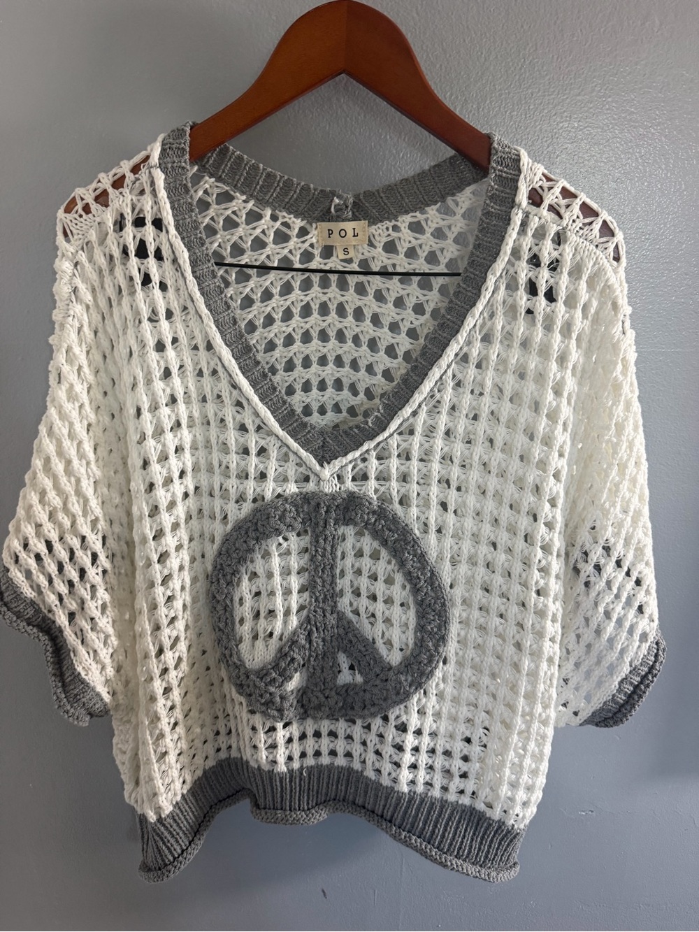 POL White Gray Embroidered Peace Sign Open Knit Sweater - Picture 2 of 8